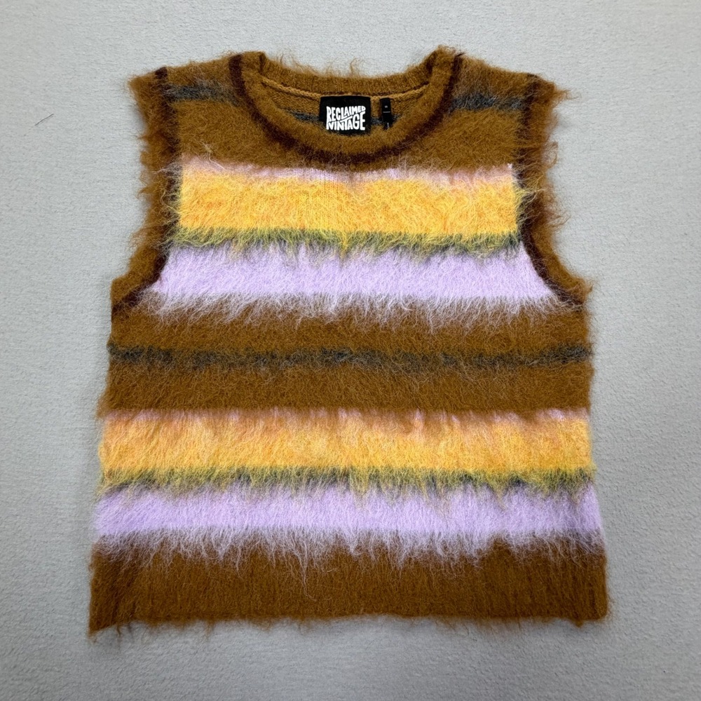 Reclaimed Vintage Sweater Vest Women S Excellent Brown Striped Fuzzy Shaggy Knit